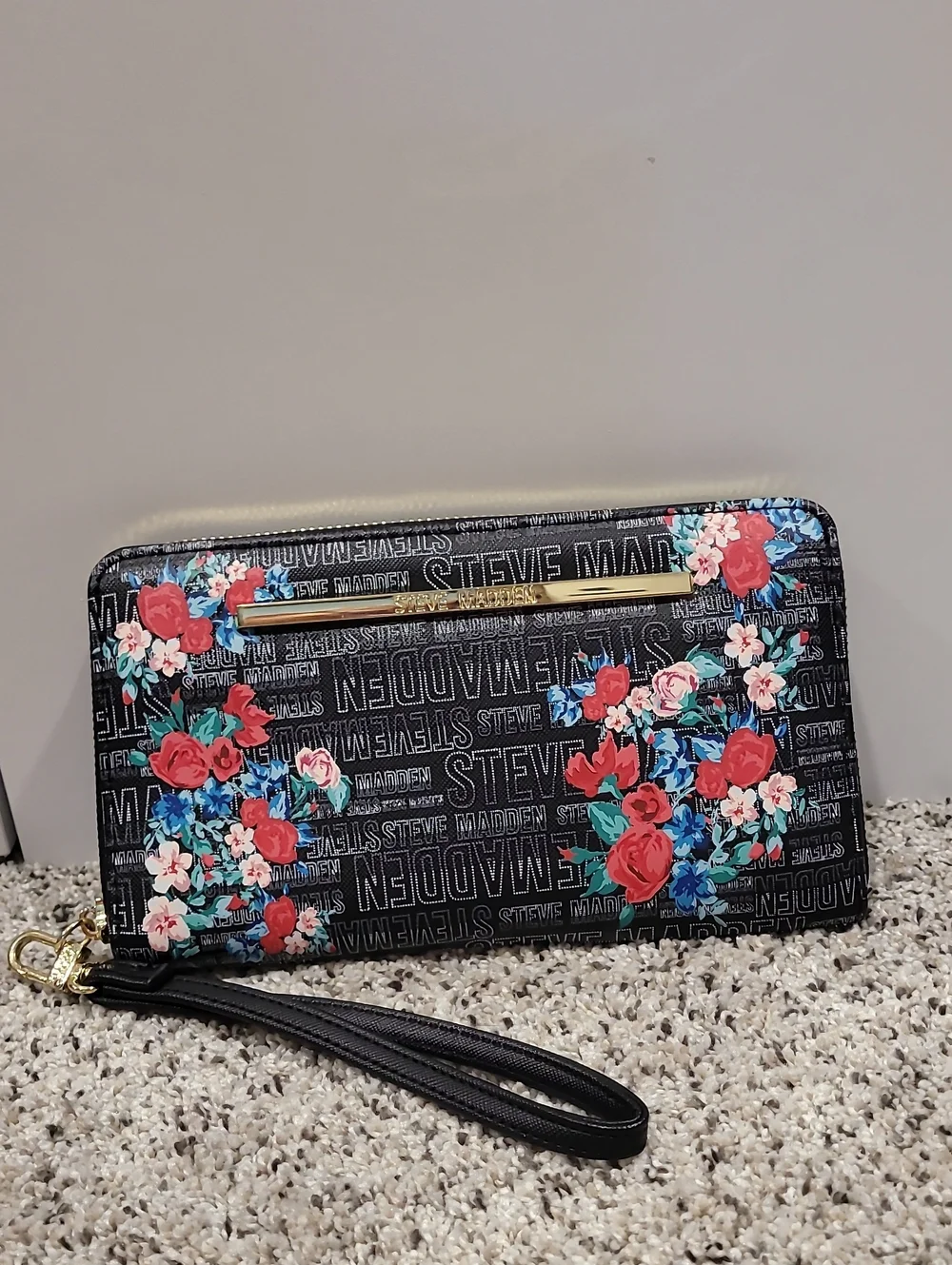 Steve Madden Black Floral Zip Wristlet with Gold Accent